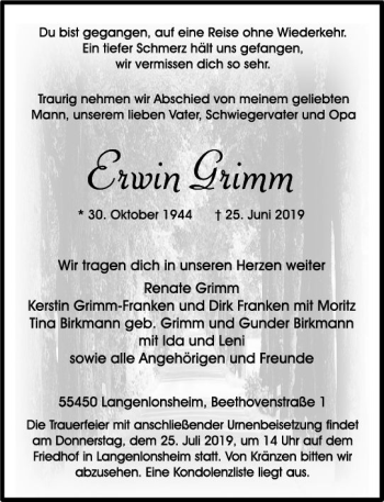 Traueranzeige von Erwin Grimm von vrm-trauer