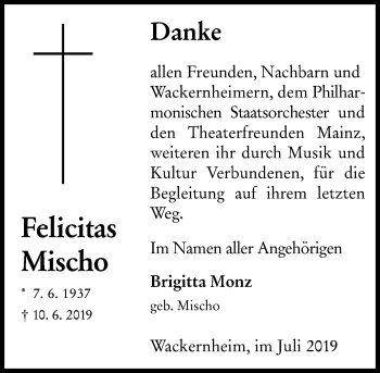 Traueranzeige von Felicitas Mischo von vrm-trauer
