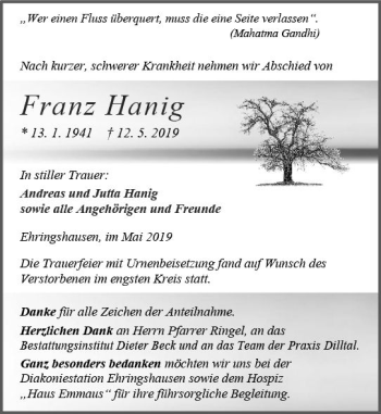 Traueranzeige von Franz Hanig von  WNZ - Wetzlarer Neue Zeitung ()
