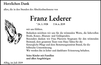 Traueranzeige von Franz Lederer von vrm-trauer