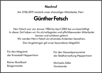 Traueranzeige von Günther Fetsch von vrm-trauer