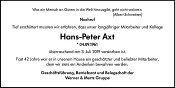 Traueranzeige von Hans-Peter Axt von vrm-trauer