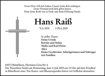 Traueranzeige von Hans Raiß von vrm-trauer