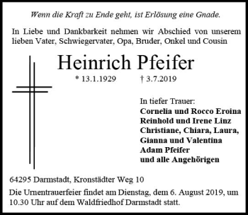 Traueranzeige von Heinrich Pfeifer von vrm-trauer