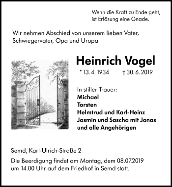 Traueranzeige von Heinrich Vogel von vrm-trauer