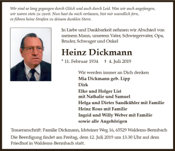 Traueranzeige von Heinz Dickmann von vrm-trauer