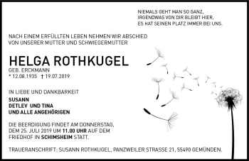 Traueranzeige von Helga Rothkugel von vrm-trauer