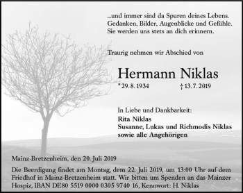 Traueranzeige von Hermann Niklas von vrm-trauer