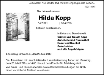 Traueranzeige von Hilda Kopp von  WBT - Weilburger Tageblatt ()