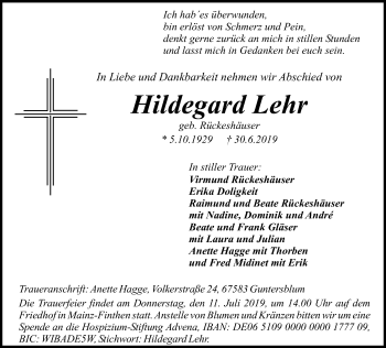 Traueranzeige von Hildegard Lehr von vrm-trauer