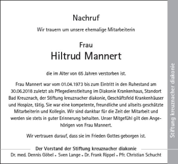 Traueranzeige von Hiltrud Mannert von vrm-trauer