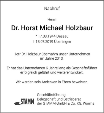 Traueranzeige von Horst Michael Holzbaur von vrm-trauer