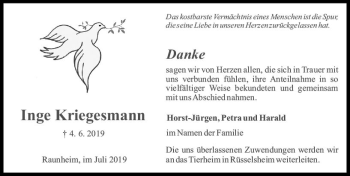 Traueranzeige von Inge Kriegesmann von vrm-trauer