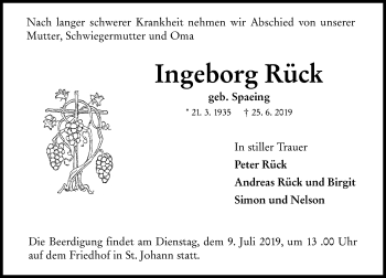 Traueranzeige von Ingeborg Rück von vrm-trauer