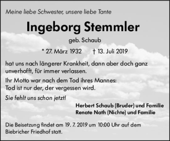 Traueranzeige von Ingeborg Stemmler von vrm-trauer