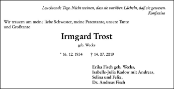 Traueranzeige von Irmgard Trost von vrm-trauer