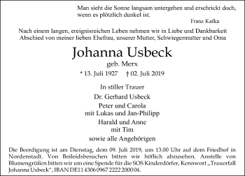 Traueranzeige von Johanna Usbeck von vrm-trauer