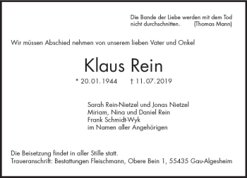Traueranzeige von Klaus Rein von vrm-trauer