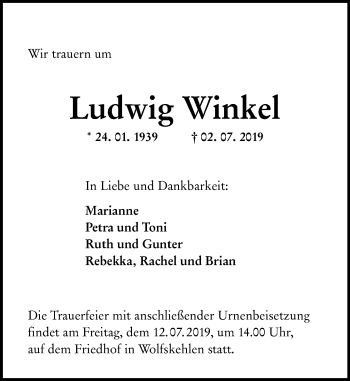 Traueranzeige von Ludwig Winkel von vrm-trauer