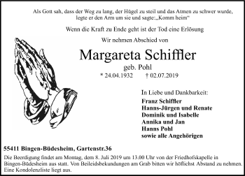 Traueranzeige von Margareta Schiffler von vrm-trauer