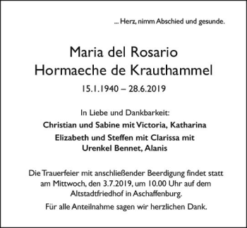 Traueranzeige von Maria del Rosario Hormaeche de Krauthammel von vrm-trauer