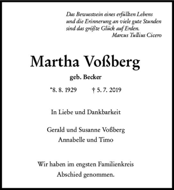Traueranzeige von Martha Voßberg von vrm-trauer