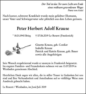Traueranzeige von Peter Herbert Adolf Krause von vrm-trauer