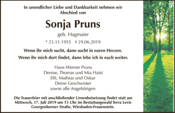 Traueranzeige von Sonja Pruns von vrm-trauer