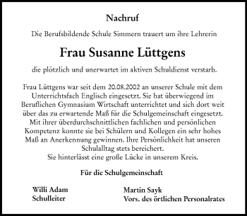 Traueranzeige von Susanne Lüttgens von vrm-trauer