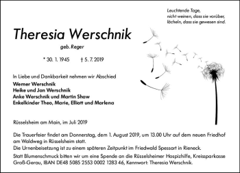 Traueranzeige von Theresia Werschnik von vrm-trauer