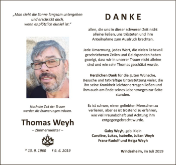 Traueranzeige von Thomas Weyh von vrm-trauer