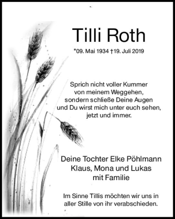 Traueranzeige von Tilli Roth von vrm-trauer