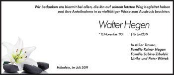 Traueranzeige von Walter Hegen von vrm-trauer