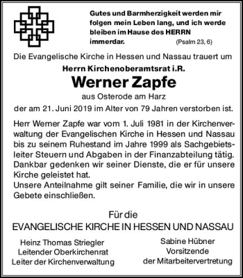 Traueranzeige von Werner Zapfe von vrm-trauer