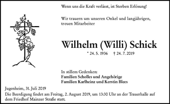 Traueranzeige von Wilhelm Schick von vrm-trauer