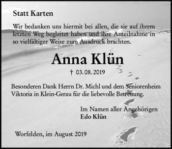 Traueranzeige von Anna Klün von vrm-trauer