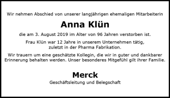 Traueranzeige von Anna Klün von vrm-trauer