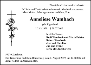 Traueranzeige von Anneliese Wambach von vrm-trauer
