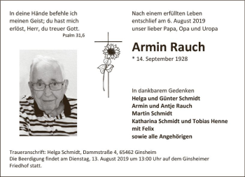 Traueranzeige von Armin Rauch von vrm-trauer