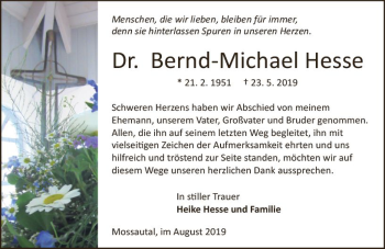 Traueranzeige von Bernd-Michael Hesse von vrm-trauer