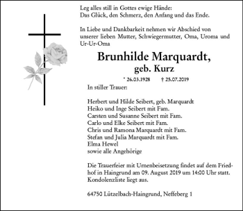 Traueranzeige von Brunhilde Marquardt von vrm-trauer