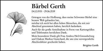 Traueranzeige von Bärbel Gerth von vrm-trauer