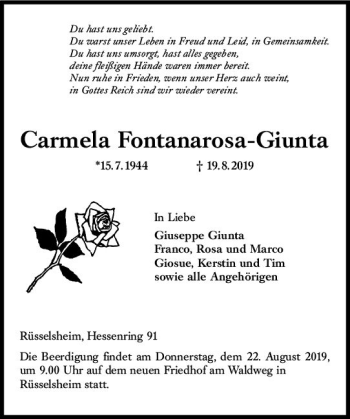 Traueranzeige von Carmela Fontanarosa-Giunta von vrm-trauer