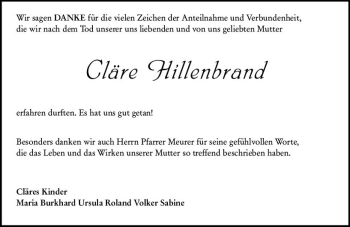 Traueranzeige von Cläre Hillenbrand von vrm-trauer