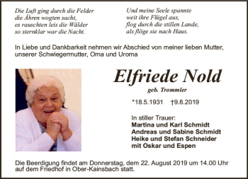 Traueranzeige von Elfriede Nold von vrm-trauer