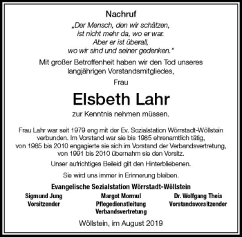 Traueranzeige von Elsbeth Lahr von vrm-trauer
