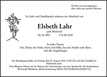 Traueranzeige von Elsbeth Lahr von vrm-trauer