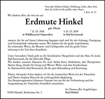 Traueranzeige von Erdmute Hinkel von vrm-trauer