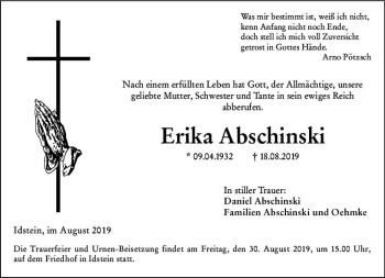 Traueranzeige von Erika Abschinski von vrm-trauer