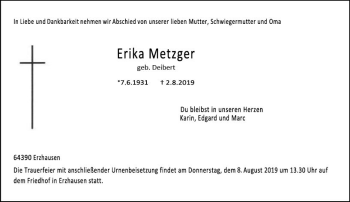 Traueranzeige von Erika Metzger von vrm-trauer